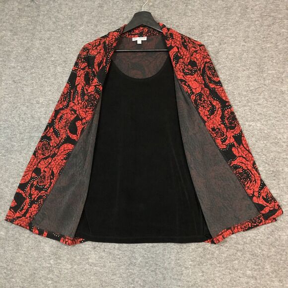 JM Collection Jacket Women M Red Black Cardigan Sparkling Rose Layered Look Top - Picture 3 of 11